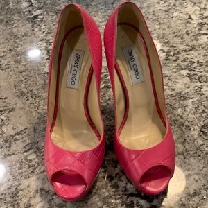 Authentic Jimmy Choo Barbie Pink Peep Toe Stilettos with Hidden Platform Size 40